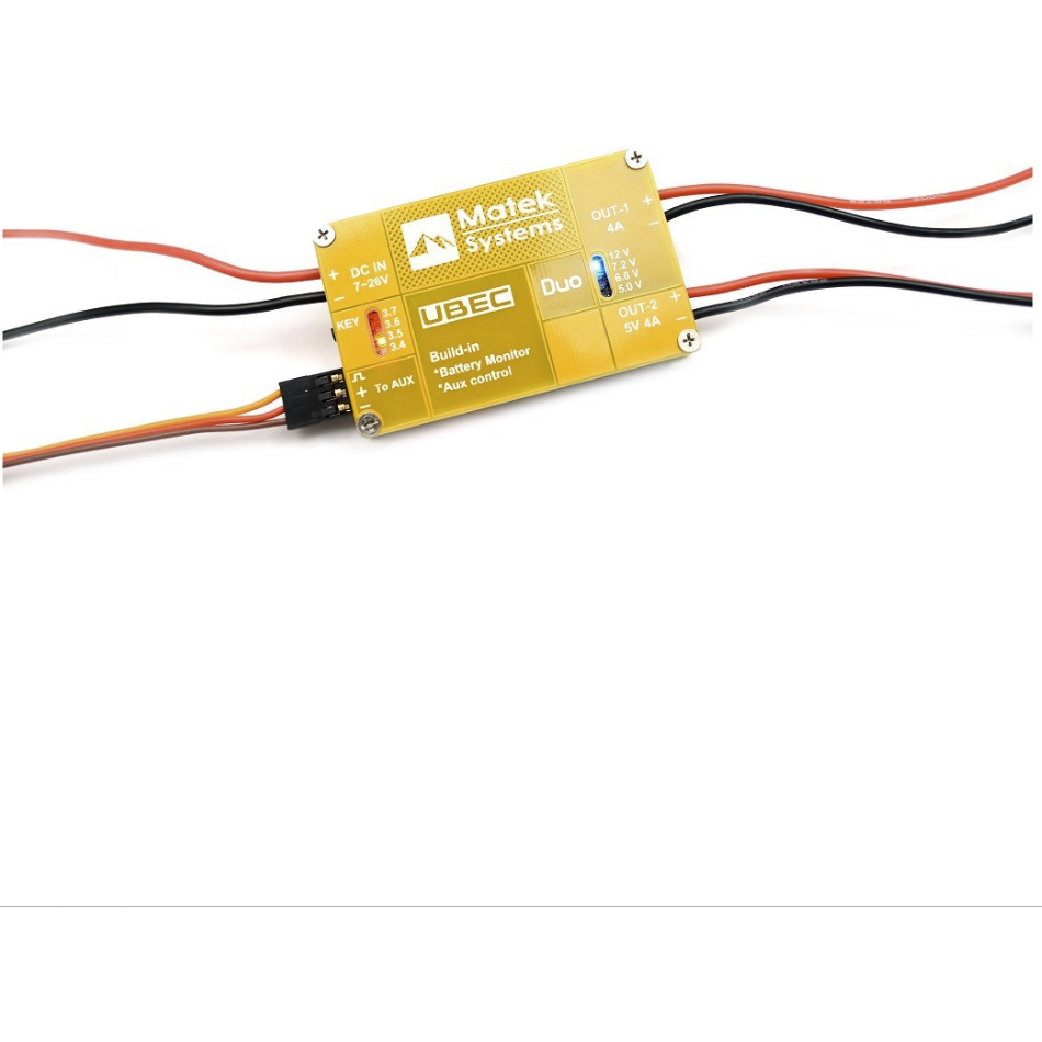 Matek UBEC Duo 4A/5~12V + aux channel switch + battery alarm
